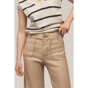 Anthropologie The Colette Linen Wide-Leg Pants Tan Contrast Stitch 30